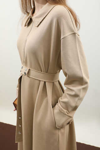 Geniş Yaka Kemerli Elbise Koyu Taş - 8