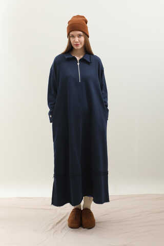 Geniş Yaka Kemerli Elbise Lacivert - 2