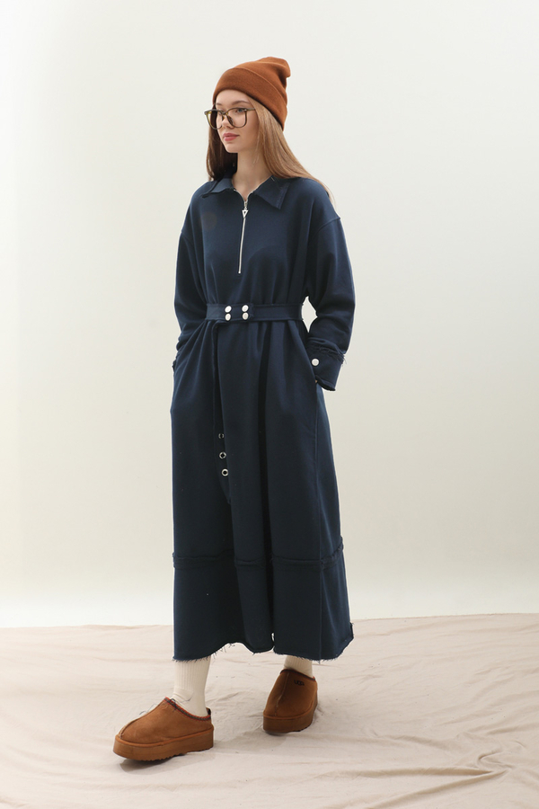 Geniş Yaka Kemerli Elbise Lacivert - 1