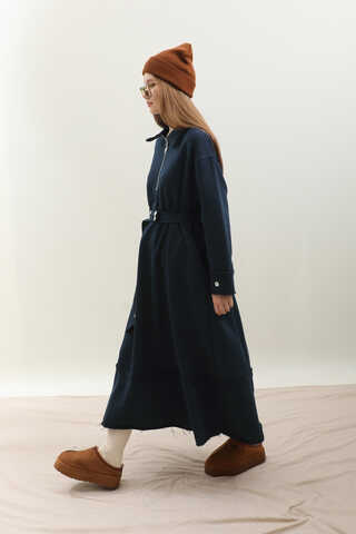Geniş Yaka Kemerli Elbise Lacivert - 4