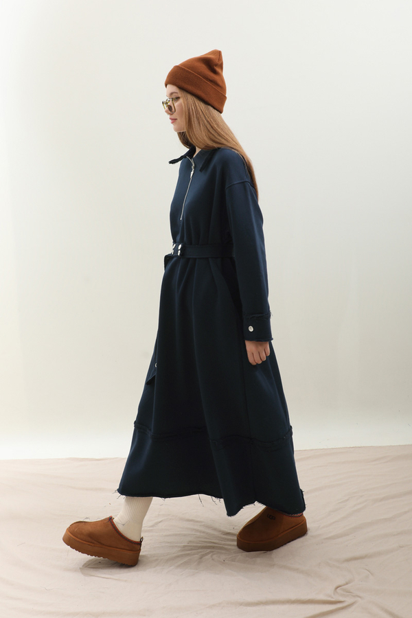 Geniş Yaka Kemerli Elbise Lacivert - 4