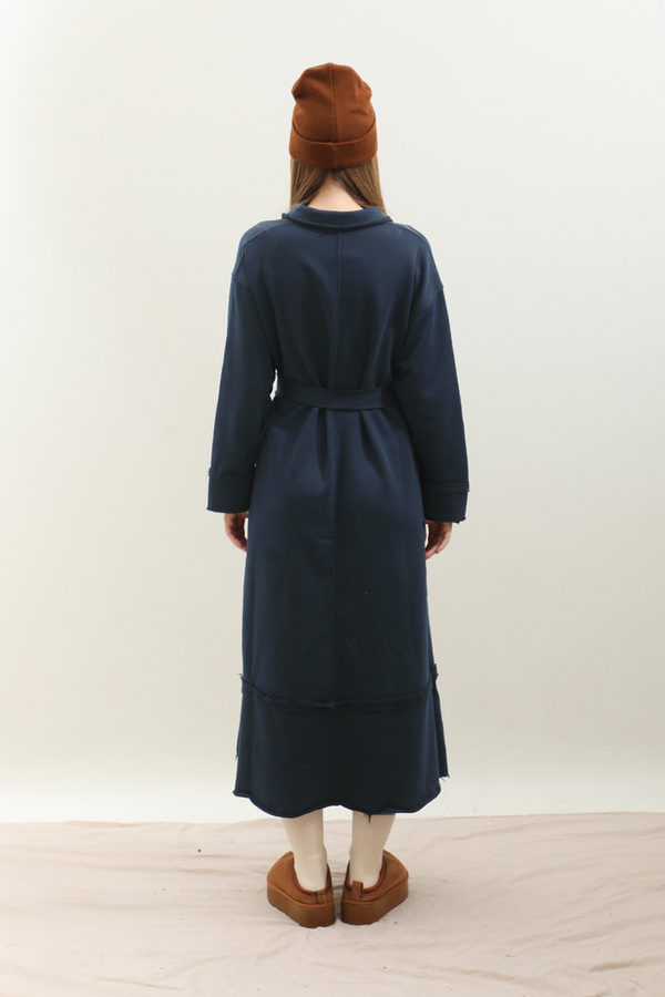 Geniş Yaka Kemerli Elbise Lacivert - 7