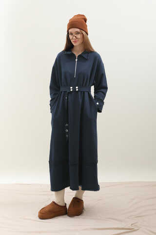 Geniş Yaka Kemerli Elbise Lacivert - 3