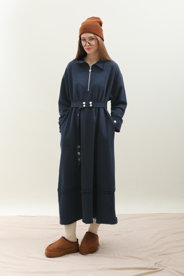 Geniş Yaka Kemerli Elbise Lacivert - 3