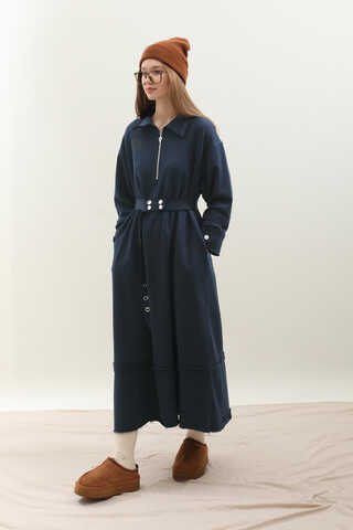 Geniş Yaka Kemerli Elbise Lacivert - 1