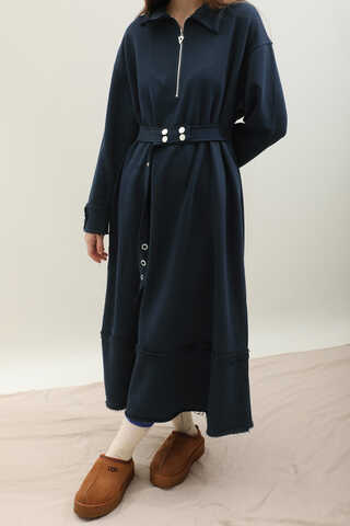 Geniş Yaka Kemerli Elbise Lacivert - 5