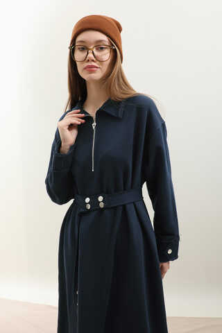 Geniş Yaka Kemerli Elbise Lacivert - 6