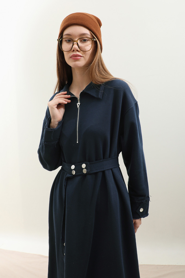 Geniş Yaka Kemerli Elbise Lacivert - 6