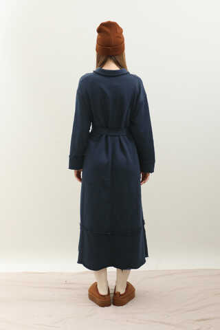 Geniş Yaka Kemerli Elbise Lacivert - 7