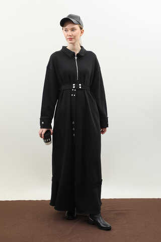 Geniş Yaka Kemerli Elbise Siyah - 4