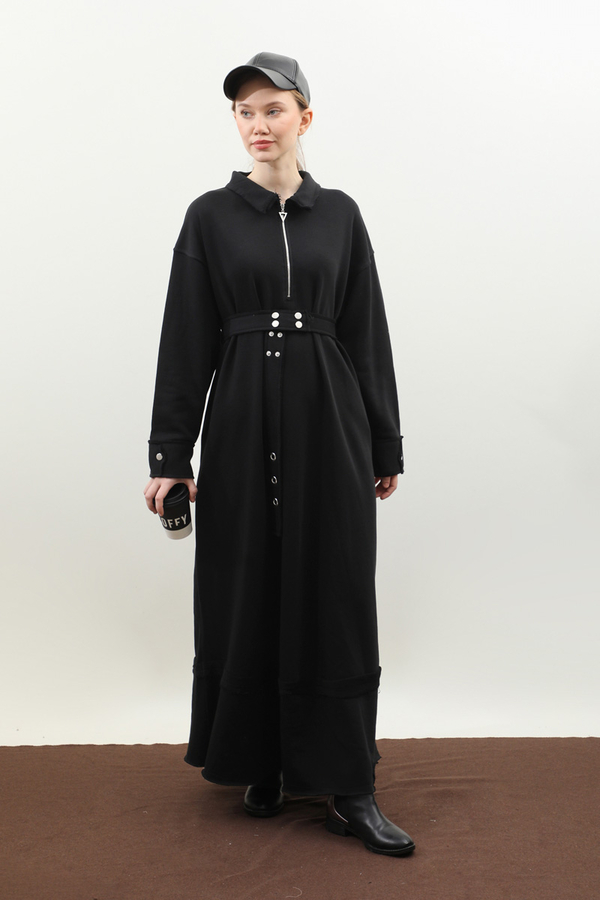 Geniş Yaka Kemerli Elbise Siyah - 4