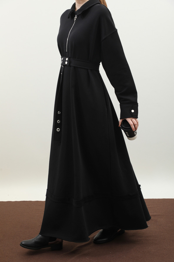 Geniş Yaka Kemerli Elbise Siyah - 6