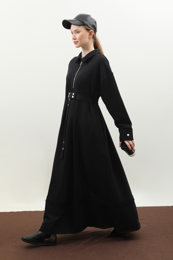 Geniş Yaka Kemerli Elbise Siyah - 7