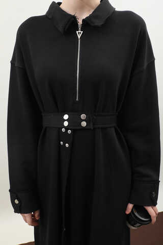 Geniş Yaka Kemerli Elbise Siyah - 10