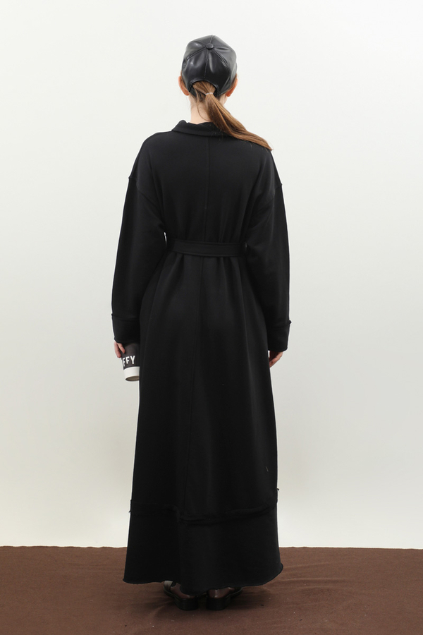 Geniş Yaka Kemerli Elbise Siyah - 11