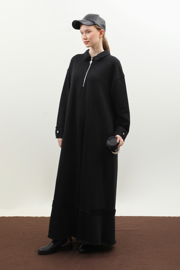 Geniş Yaka Kemerli Elbise Siyah - 2