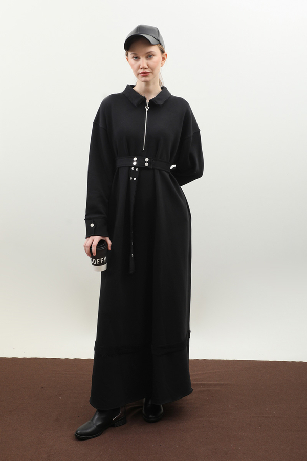 Geniş Yaka Kemerli Elbise Siyah - 5