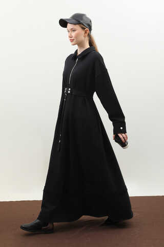 Geniş Yaka Kemerli Elbise Siyah - 7