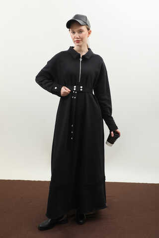 Geniş Yaka Kemerli Elbise Siyah - 1