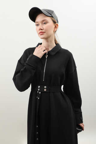 Geniş Yaka Kemerli Elbise Siyah - 8