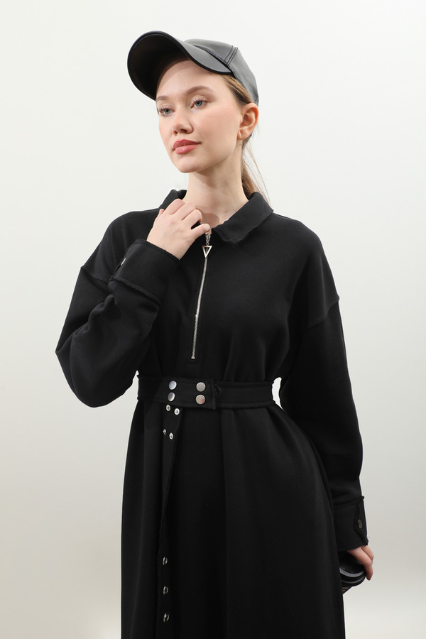 Geniş Yaka Kemerli Elbise Siyah - 8