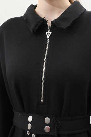 Geniş Yaka Kemerli Elbise Siyah - 9