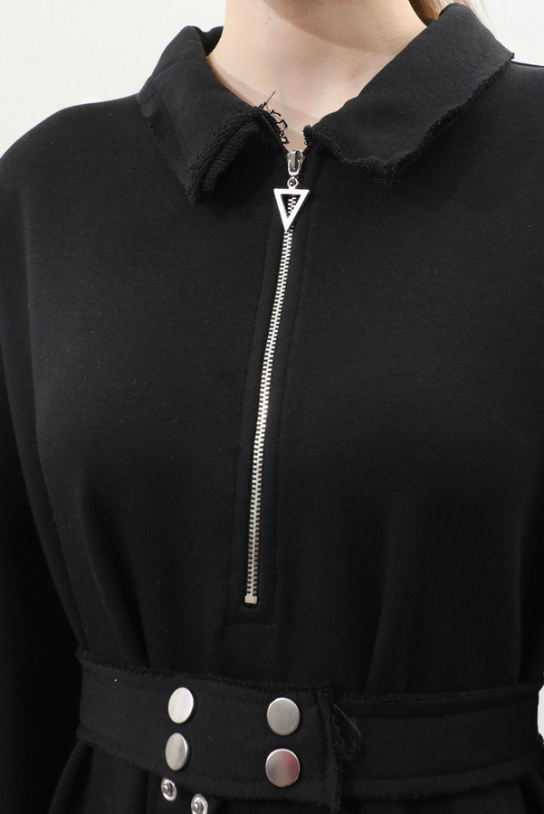 Geniş Yaka Kemerli Elbise Siyah - 9