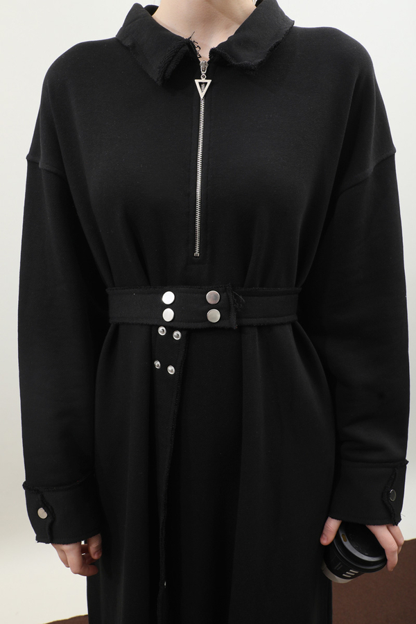 Geniş Yaka Kemerli Elbise Siyah - 10