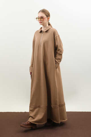 Geniş Yaka Kemerli Elbise Taba - 2