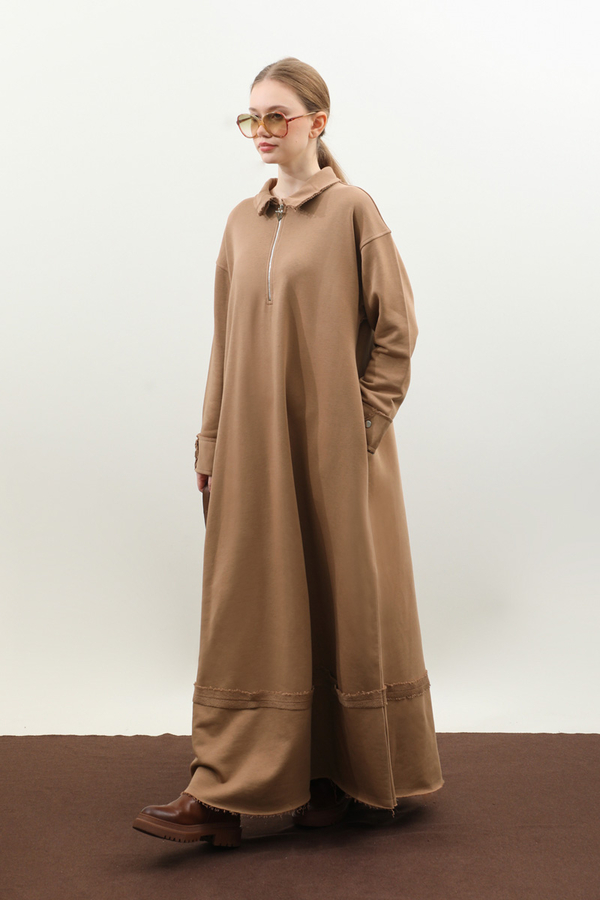 Geniş Yaka Kemerli Elbise Taba - 2