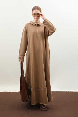 Geniş Yaka Kemerli Elbise Taba - 3