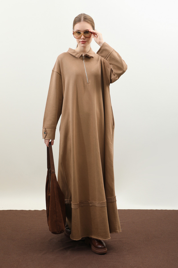 Geniş Yaka Kemerli Elbise Taba - 3