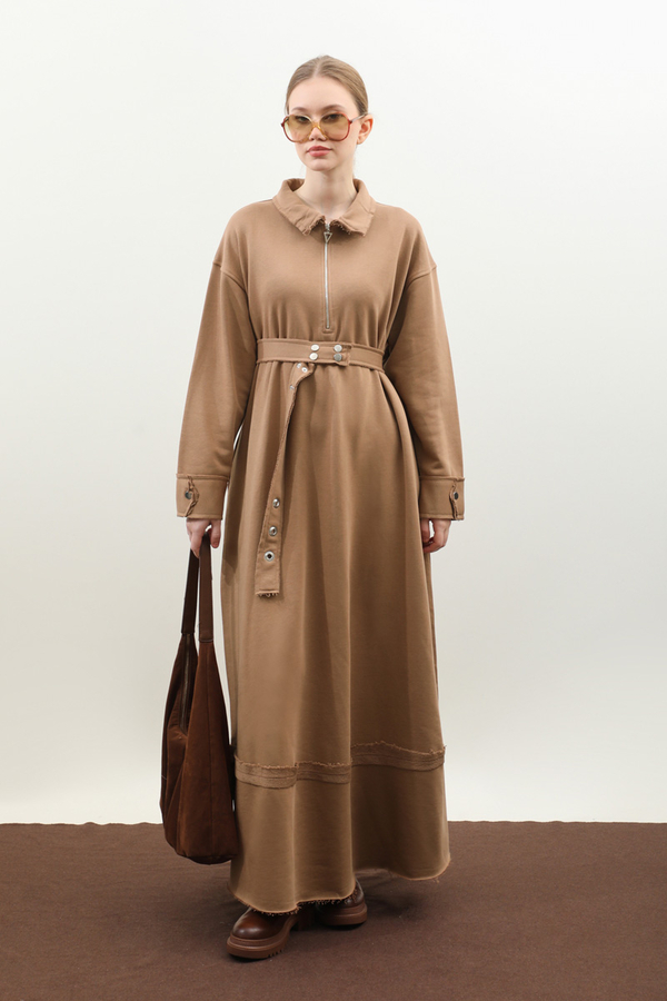 Geniş Yaka Kemerli Elbise Taba - 4