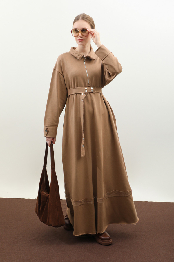 Geniş Yaka Kemerli Elbise Taba - 5