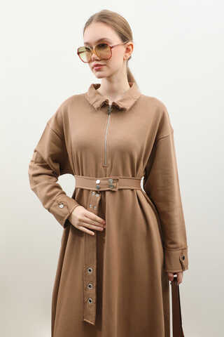 Geniş Yaka Kemerli Elbise Taba - 1