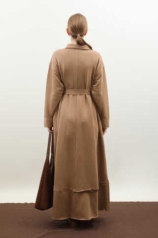 Geniş Yaka Kemerli Elbise Taba - 12