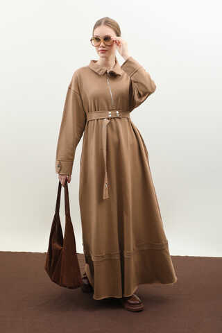 Geniş Yaka Kemerli Elbise Taba - 5