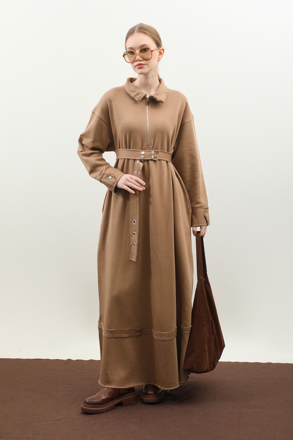 Geniş Yaka Kemerli Elbise Taba - 6