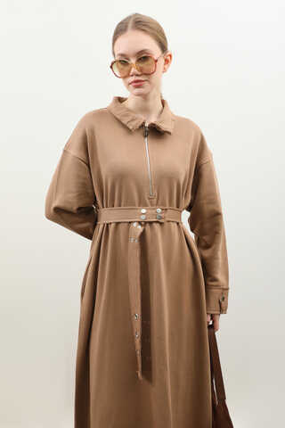 Geniş Yaka Kemerli Elbise Taba - 8