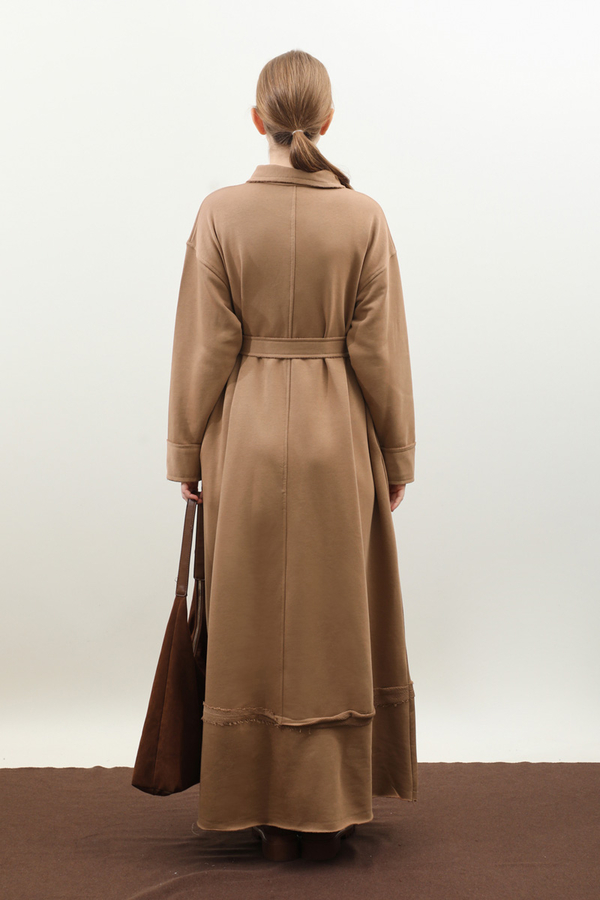 Geniş Yaka Kemerli Elbise Taba - 12