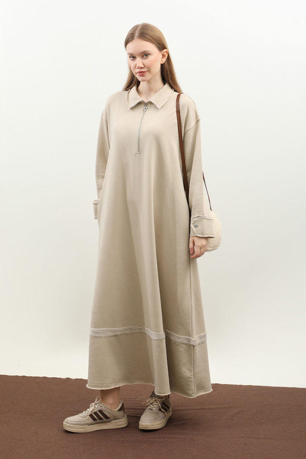 Geniş Yaka Kemerli Elbise Taş - 2