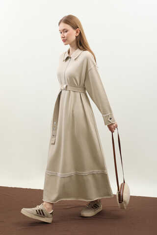 Geniş Yaka Kemerli Elbise Taş - 4