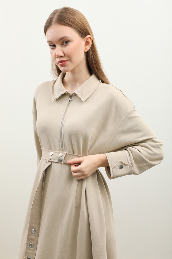 Geniş Yaka Kemerli Elbise Taş - 6