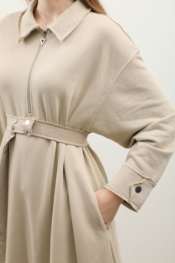 Geniş Yaka Kemerli Elbise Taş - 7