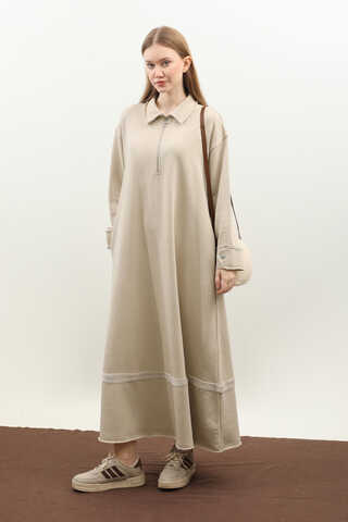 Geniş Yaka Kemerli Elbise Taş - 2