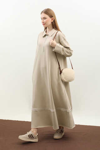 Geniş Yaka Kemerli Elbise Taş - 3