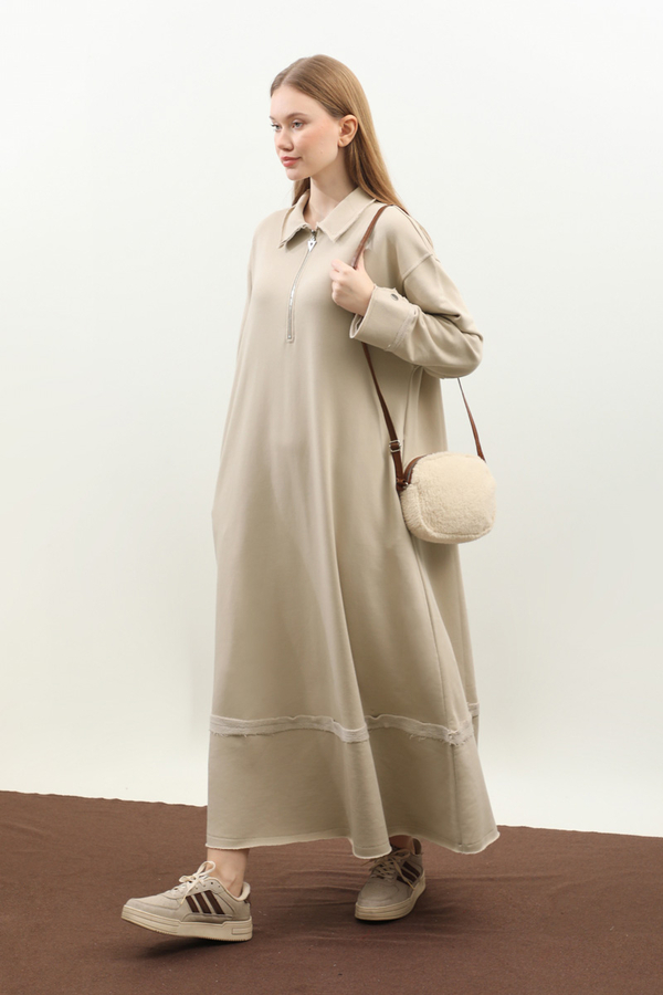 Geniş Yaka Kemerli Elbise Taş - 3