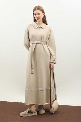 Geniş Yaka Kemerli Elbise Taş - 1