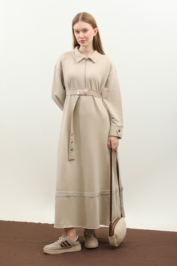 Geniş Yaka Kemerli Elbise Taş - 1