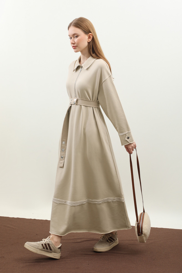 Geniş Yaka Kemerli Elbise Taş - 4